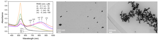 Fig. 17 (L-R) Absorption spectra of GNP-dye composites, TEM image of the composite with 1 and 10 <span alt=